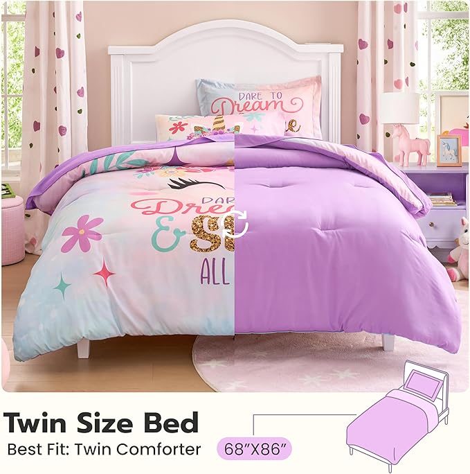 Joiedomi Kid Twin Comforter Set 5 Piece Unicorn Bedding Set for Boys Girls Super Soft Microfiber Bed in a Bag with Comforter Sheets Pillowcase Sham