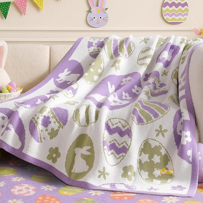 Animal Chenille Throw Blanket for Couch, Bunny and Eggs Knit Throws, Cozy Soft Summer Party Themed Blankets for Sofa, Bed, Gift & Decor, 50"x60", Purple/Green