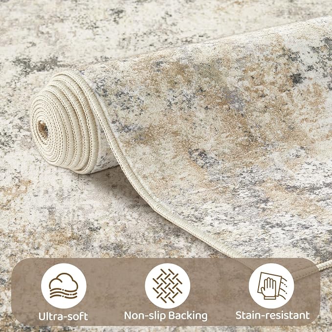 UERMEI 6x9 Washable Area Rug - Neutral Modern Abstract Living Room Rugs, Non-Slip Soft Large Indoor Floor Carpet for Bedroom Home Office & Under Dining Table Decor, Golden Grey