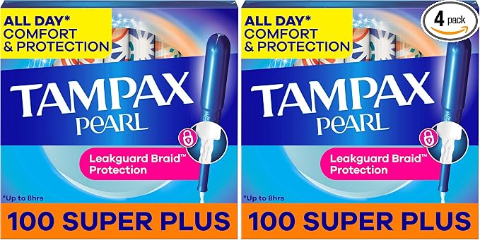 Tampax Pearl Tampons for Women, with LeakGuard Braid, Super Plus Absorbency, Unscented, 100 Count (Pack of 2)