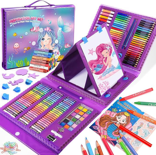 Art Supplies, Art Kits Arts and Crafts for Kids Age 4-6 6-8 8-12 with Trifold Easel,Includes Sketch Pads,Oil Pastels,Crayons,Colored Pencils,Drawing Set for 3-12 Year Olds Girls Boys (Mermaids-Purple)
