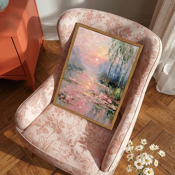Framed Vintage Monet Canvas Wall Art, Pink Water Lilies Floral Pictures Wall Decor, Impressionist Sunset Landscape Paintings Prints Nature Aesthetic Artwork for Living Room Bedroom 12x16 inch