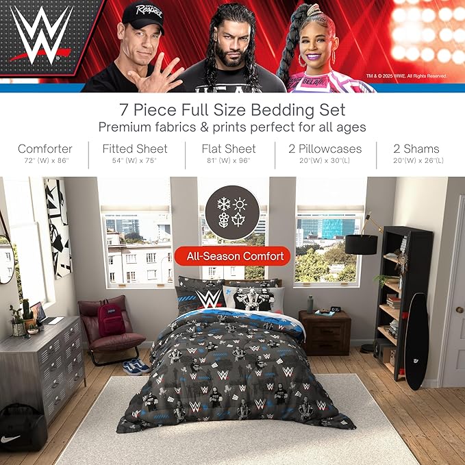 WWE Wrestling Bedding Set, Queen Size 7 Piece Set Super Soft Cozy Reversible Comforter and Sheet Set with Sham, (100% Officially Licensed Product) by Franco