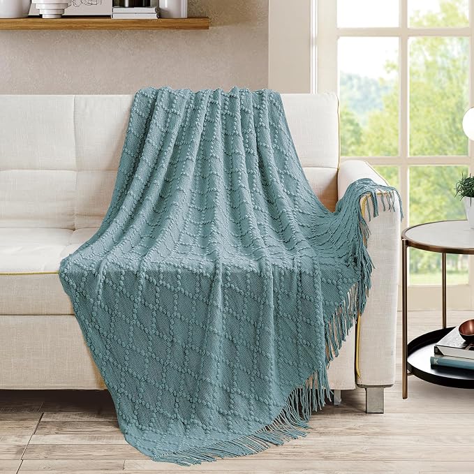 BOURINA Blue Throw Blanket 50 x70 Inch Jacquard Throw Knitted Blanket | Jacquard Argyle Throw Textured Solid Soft Throws and Blankets for Sofa or Bed Knitted Decorative Blanket