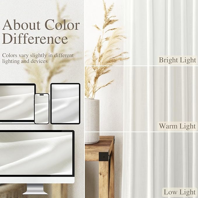 Ivory Linen Curtains 96 Inches Long 2 Panels Set Back Tab Rod Pocket Semi Sheer Light Filtering Window Curtain Drapes Neutral Modern Aesthetic Long Curtains for Living Room Bedroom Decor 40x96