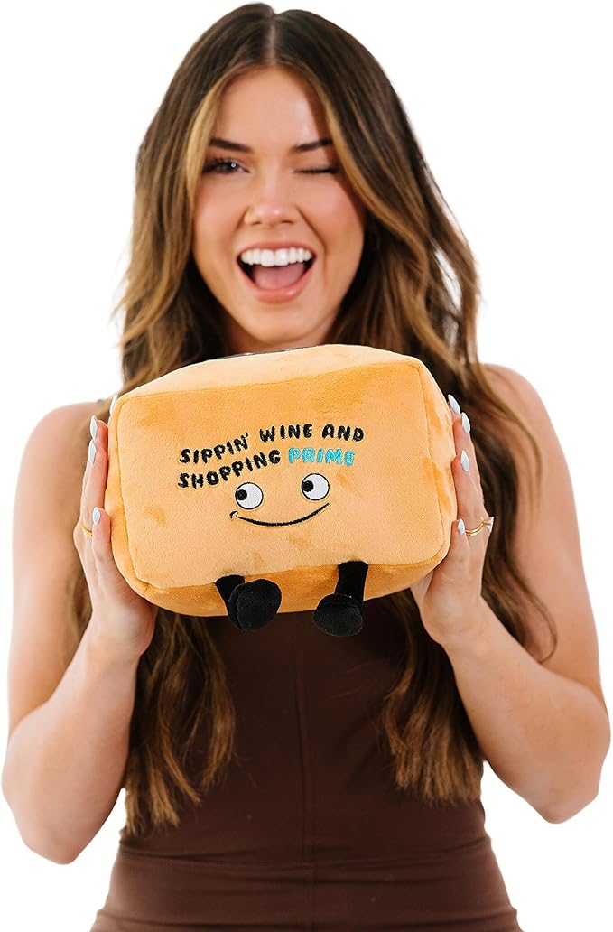 Box Plushie - Sippin' Wine & Shopping Prime! Funny Box Plush, Gift for Shoppers, Cute Plush Toy for Gifting