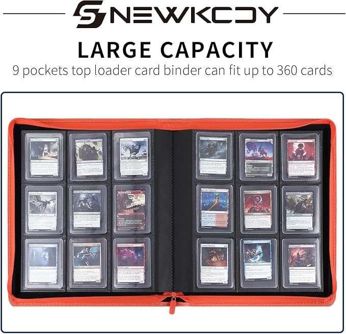 Snekdy Top loader Binder, 9 Pockets Top Loader，Holds 360 Top Loaders cards, Card binder with Sleeves for card in 3 x 4 inches color smooth Zipper PU Leather (Orange)