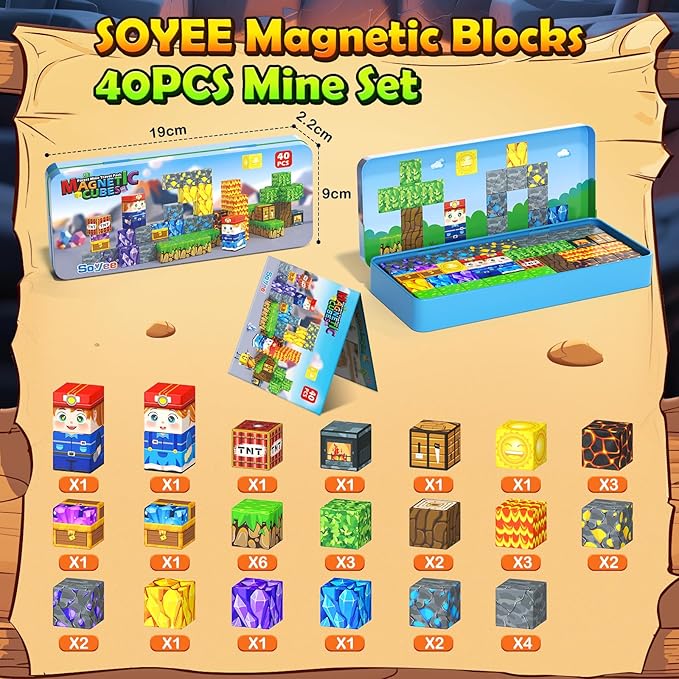 Magnetic Blocks Travel Toys with Metal Tin Travel Essentials STEM Learning Outdoor Building Kids Toddler Toys & Birthday Gifts for Boys Girls Ages 3+