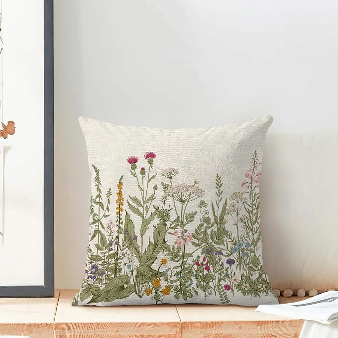 AEIOAE Sage Green Pillow Covers 22x22 Inch Set of 2, Spring Wildflower Plant Throw Pillows Case,Seasonal Floral Outdoor Decorative Flowers Farmhouse Decor Cushion Covers for Home Sofa Bed Couch