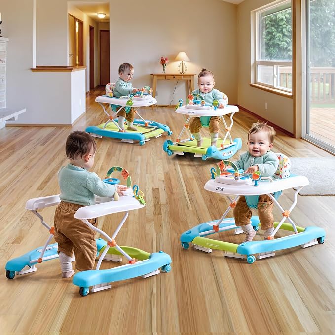 VEVOR 4-in-1 Baby Walker, Folding Baby Activity Center with Wheels, 3 Adjustable Height, Music & Toys Tray, Learning-Seated | Walk-Behind | Rocker | Bouncer Toddler Walker for Girls Boys 6-24 Months