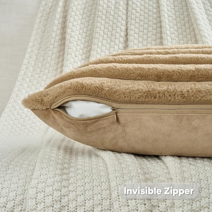 FUTEI Pack of 2 Faux Fur Throw Pillow Covers 22x22 Inch, Camel | Fluffy Faux Rabbit Fur Front/Premium Velvet Back,Hidden Zipper,Machine Washable,Non-Shedding,Colorfast,Insert Not Included.