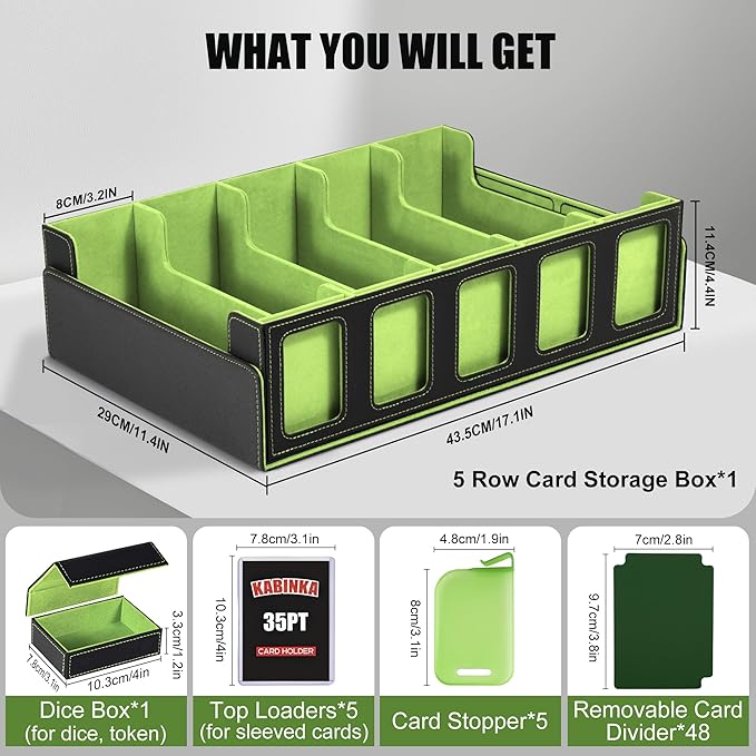 Kabinka Card Storage Box with Commander Display, 5-Row Deck Case with Removable Lid; 3900+ Card Deck Box for MTG Sports Cards, 5 Top Loaders, 5 Stoppers, 48 Dividers,1 Dice Tray (Black & Lemon Green)