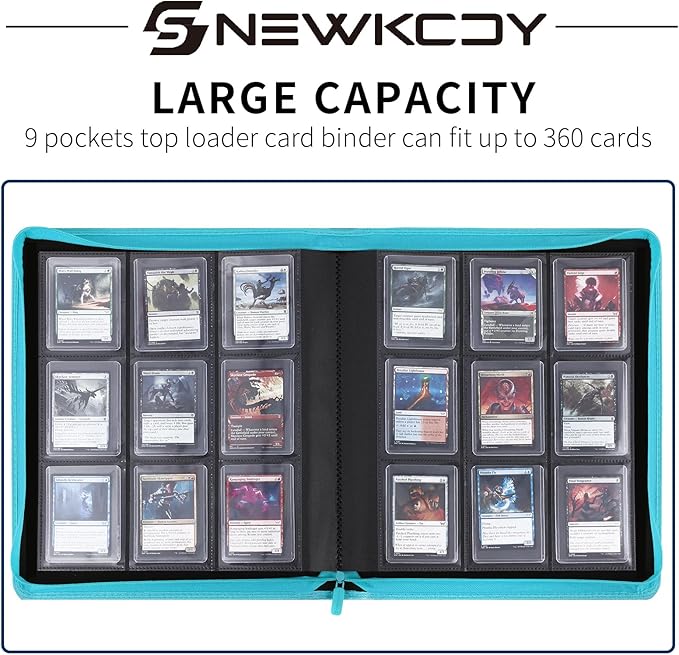 Snekdy Top loader Binder, 9 Pockets Top Loader，Holds 360 Top Loaders cards, Card binder with Sleeves for card in 3 x 4 inch color smooth Zipper PU Leather (Turquoise)