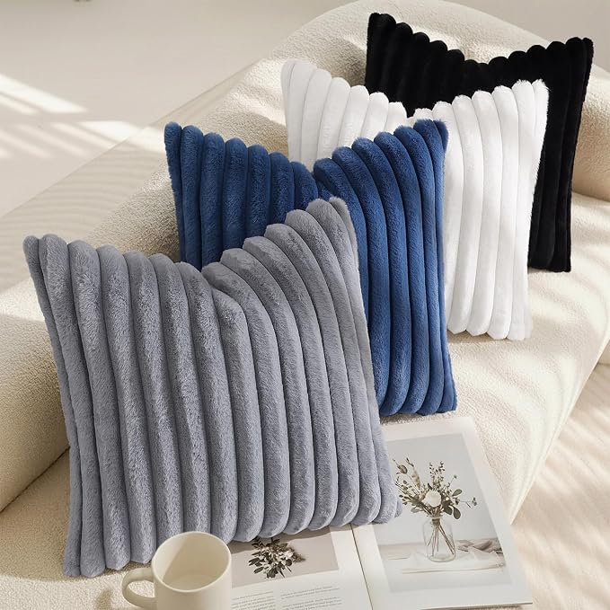 decorUhome Fall Faux Fur Throw Pillow Covers 22x22 Set of 2 Navy Blue | Decorative Soft Cozy Striped Plush Modern Farmhouse Boho Couch Pillow Cases Velvet Back for Sofa Bed Living Room Home Decor