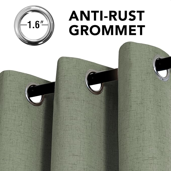 H.VERSAILTEX Linen Curtains 100% Blackout Curtains for Bedroom 90 inch Long Full Light Blocking Nature Linen Blended Window Curtains for Living Room Nickel Grommet (2 Panels, Heathered Dried Sage)