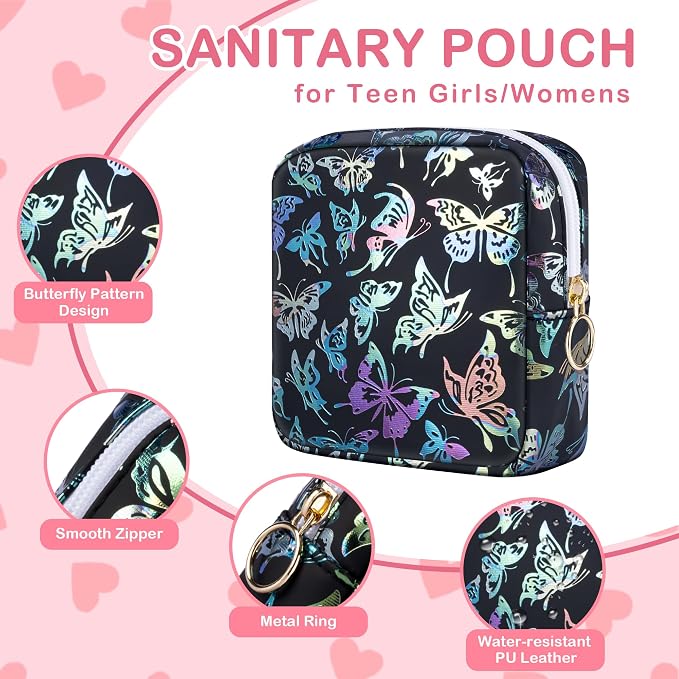 Likesing Period Bag Pouch, Leather Sanitary Napkin Storage Bag for Girls Womens, Portable Sanitary Napkin Period Pad Pouch Bag for Purse (Black-Dancing Butterfly)