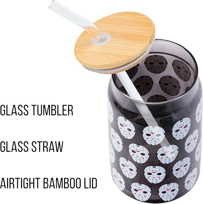 Silver Buffalo Friday the 13th Featuring Jason Vorhees Glass Jar Tumbler with Bamboo Lid and Glass Straw, 16 Ounces