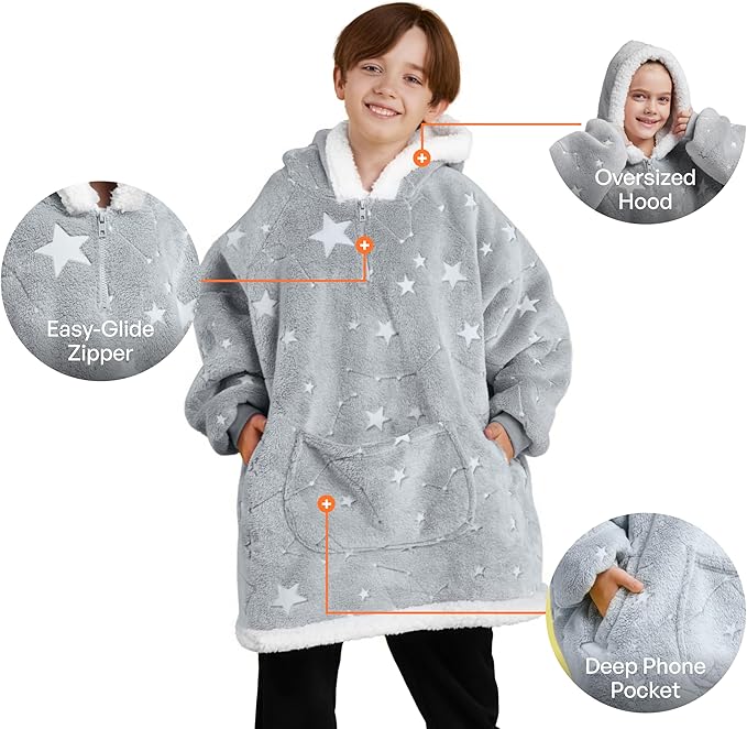 Giggling Getup Glow in The Dark Wearable Blanket Hoodie for Girls and Boys Warm Cozy Sherpa Fleece Hooded Blanket Sweatshirt Oversized Hoodie with Giant Pocket & Sleeves for Kids Cat