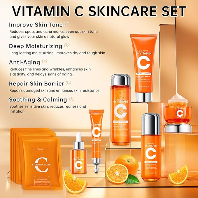 11 PCS Vitamin C Skin Care Set for Teens Girls & Women - Valentine’s Day Gift with Cleanser, Toner, Eye Cream, Serum, Lotion, Face Cream & Sheet Masks - Anti-Aging Skincare Kit Firming & Moisturizing