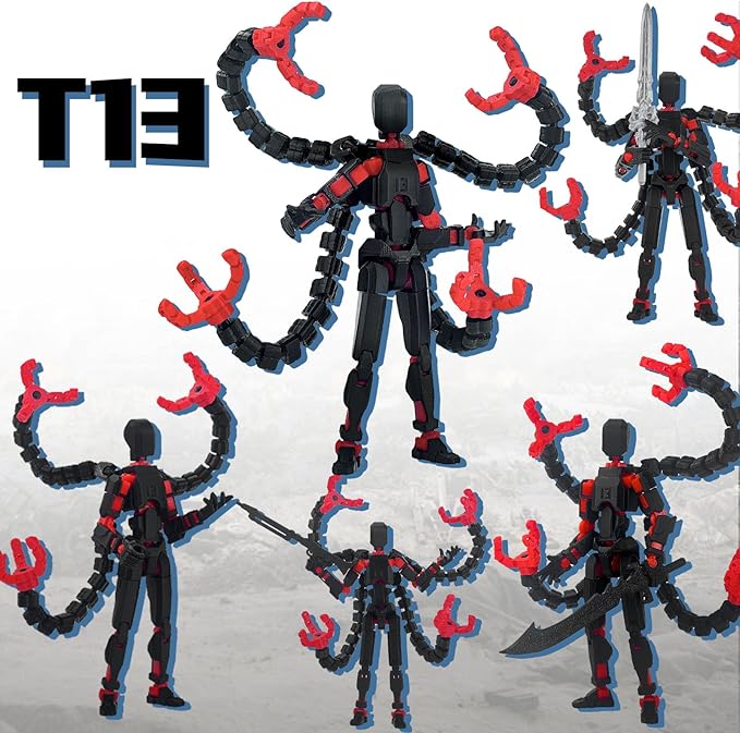 Already Assembled T13 Action Figure Accessories,T13 Multi-Jointed Movable,for Collectors Desktop Decorations t-13 Movability 3D Printed Toys (Black Red, 5.5inch)