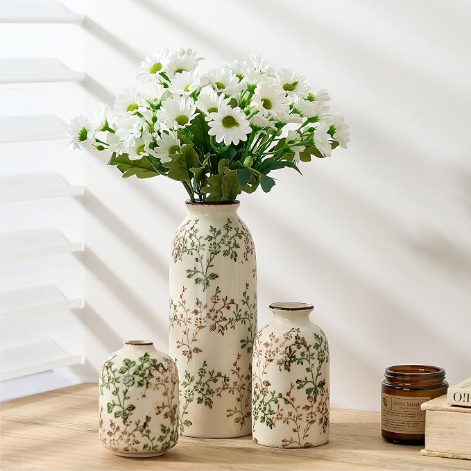 Green and Beige Antique Vase Set of 3, Vintage Chinoiserie Floral Vase, Rustic Ceramic Vase for Home Decor, Living Room, Bookshelf, Office, Entryway, Garden, Chinoiserie Decor, Tuscan Decor