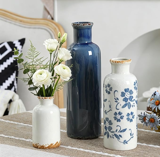 Ceramic Vases Set of 3, Blue and White Vintage Flower Vase Waterproof | Farmhouse Rustic Vase for Pampas Grass & Dried Flowers, Flower Vase for Table Living Room Home