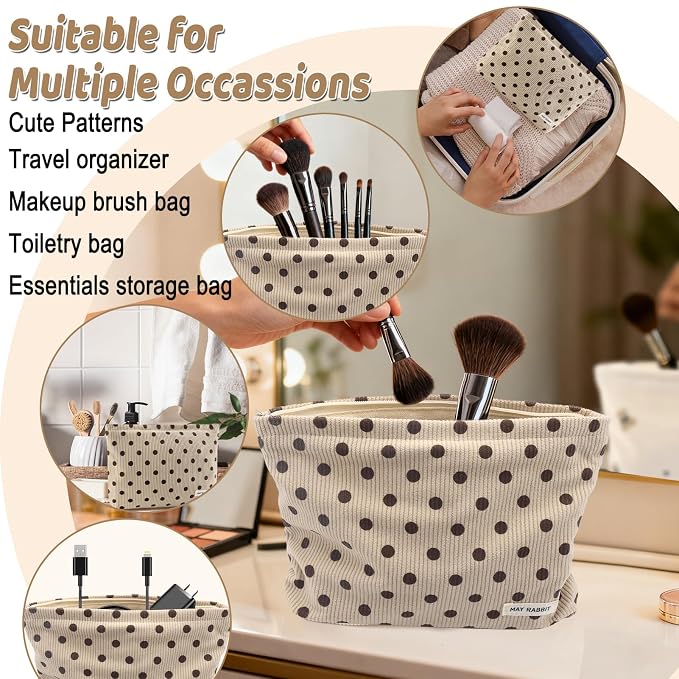 ZLFSRQ Corduroy Makeup Bag for Women Girls Cute Polka Dot Cosmetic Bag for Purse Large Capacity Trendy Zipper Makeup Pouch Toiletry Pouch Aesthetic Skincare Make Up Essentials Organizer Bags (Beige)