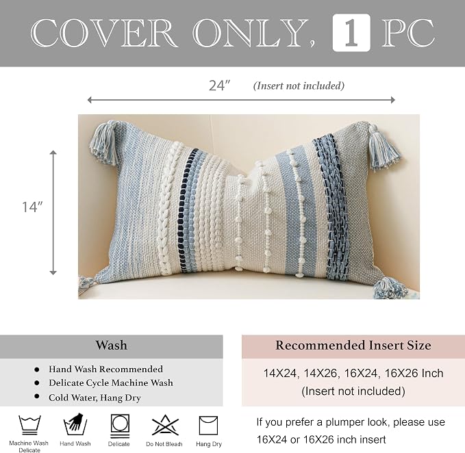 Decorative Lumbar Throw Pillow Cover 14x24 Boho Coastal Blue Accent Cushion for Couch Sofa Farmhouse Pillowcase for Bedroom Living Room Home Décor Cover ONLY