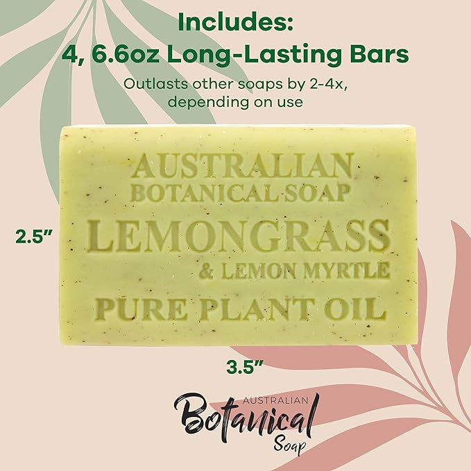 Australian Botanical Soap Lemongrass & Lemon Myrtle – Triple Milled 6.6 oz Bar Soap with Shea Butter, Face Hand & Body Soap Bars, Pack of 4