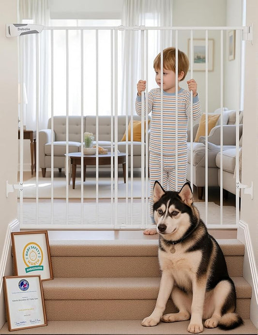 Babelio Baby Gate for Stairs & Doorways, 26-43" W 34" H Extra Tall| No Bottom Bar| Easy Installation| One-handed Operation| Auto-close| Hardware Mount (Drill Needed) Safety Dog/Pet Gate Indoor (White)