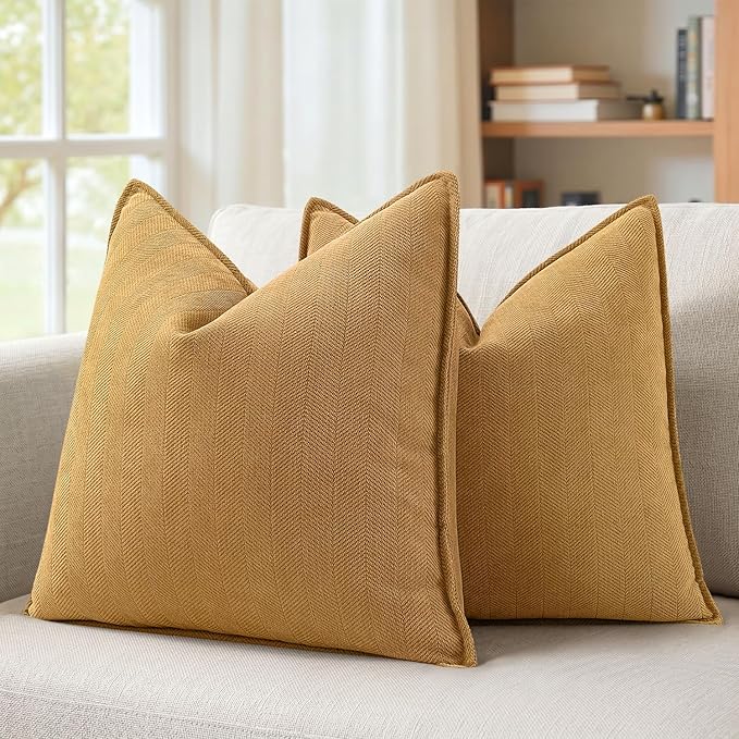 MIULEE Pack of 2 Mustard Yellow Decorative Chenille Pillow Covers 18x18 | Soft Couch Throw Pillows,Farmhouse Cushion Covers with Elegant Design for Sofa,Bedroom,Living Room,Spring Home Decor