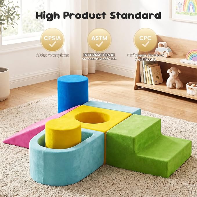 Teckid Toddler Climbing Toys, 7-Piece Colorful Foam Blocks, Indoor Soft Play Gym for Crawling, Climbing and Sliding, Modular Play Set Ages 1-3, No Ball Included