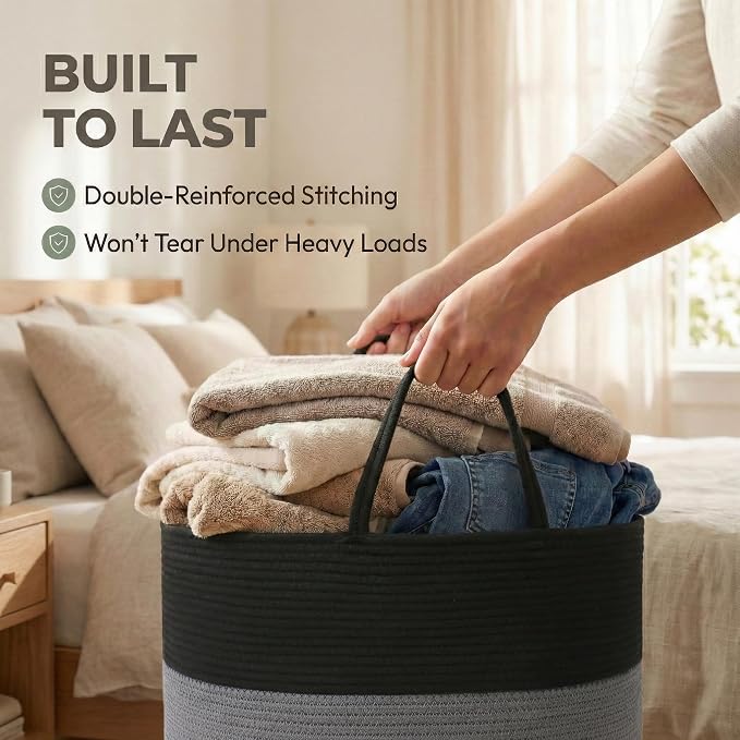 JMvicyroam 65L Extra Large Machine Washable Cotton Rope Blanket Basket | Collapsible laundry hamper, Reinforced handles, For blankets, pillows, toys and clothes, Living room and bedroom, Black&Grey