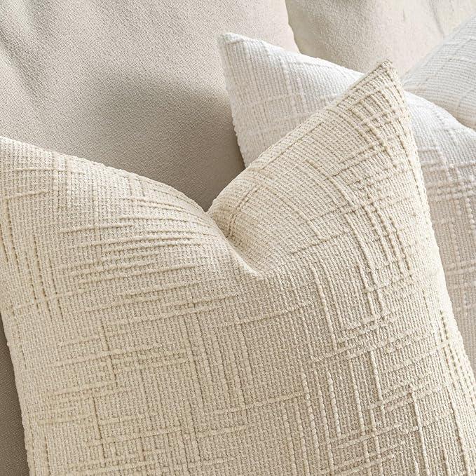 MIULEE Chenille Textured Throw Pillow Covers Beige 20x20 Set of 2 | Slubby Decorative Pillows, Boho Farmhouse Home Decor, Modern Neutral Cushion Covers for Couch Sofa Bed Living Room