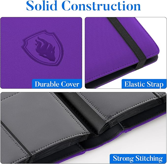 Premium 9 Pocket Card Binder for 360 Cards, Fabmaker PU Cover Trading Card Binder, Sturdy Card Collection Album, Sleek Card Holder Folders for Game Cards & Sports Cards, Purple