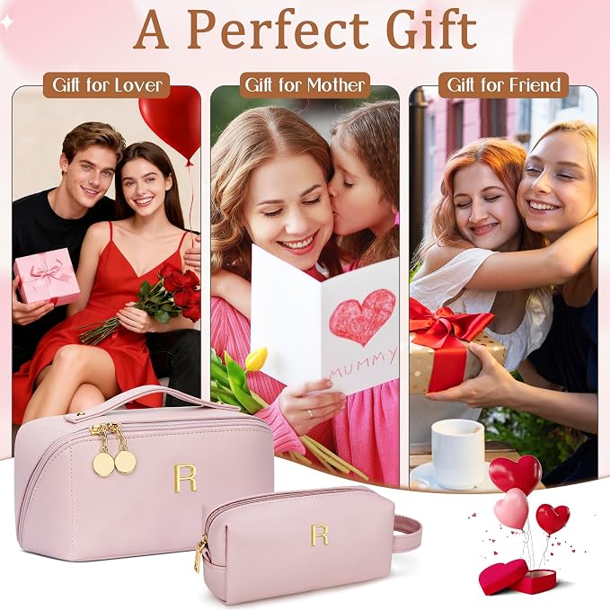 KKXIU Initial Makeup Bag for Women - Personalized Makeup Bag Gifts for Women, Travel Toiletry Bag with PU Leather, Open Flat Design with Top Handle, Cosmetic Bag Set with Multi-Pocket (Pink,R)