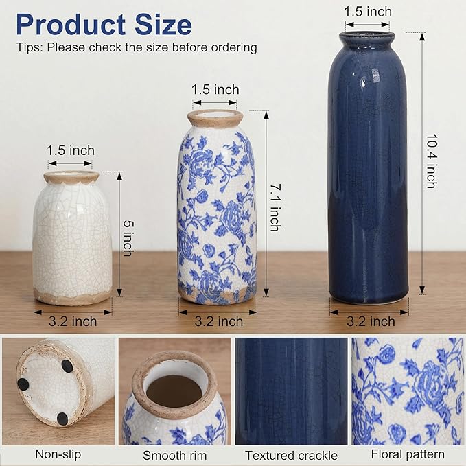 Vintage Ceramic Vase Set of 3, Blue and White Small Flower Vase Chinoiserie Rustic Modern Farmhouse Centerpiece Decorative Vases for Table Entryway Bookshelf Living Room Kitchen Home Decor