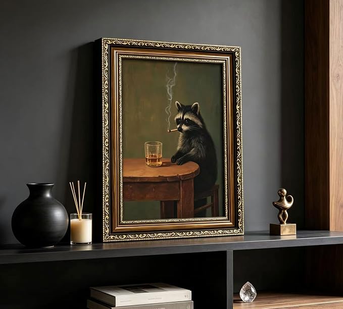 Vintage Gold Framed Smoking Raccoon Wall Art, Moody Dark Funny Animal Whiskey Cigar Canvas Print, Humor Funny Raccoon Wall Decor, Retro Bar Cart Poster Artwork, for Study Office Bar Decor, 16x24in