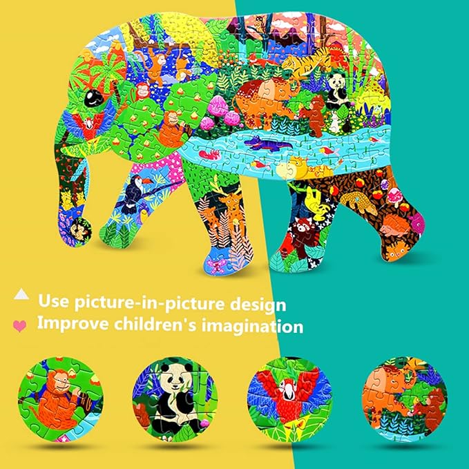 Puzzles for Kids Ages 4-8,8-10 and Adults, Elephant Animal Shaped Jigsaw Puzzles 200 Pieces for Wall Home Decor