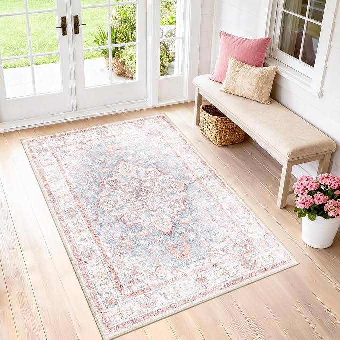 CAPALOCA 3x5 Washable Nursery Girls Low Pile Area Rug Pink Blue | Non-Slip Soft Rugs for Bedroom Kids Playroom Living Room, Print Pattern Water Repellent Carpet Indoor Decor