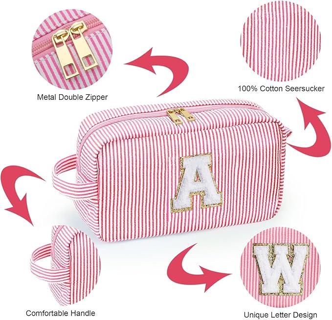 YOOLIFE Initial Cosmetic Bag for Women - Monogram Cute Pink Makeup Bag Cosmetic Toiletry Pouch Make Up Case for Women Her Best Friend Friendship Sister Teacher, Personalized Birthday Gifts for Women I