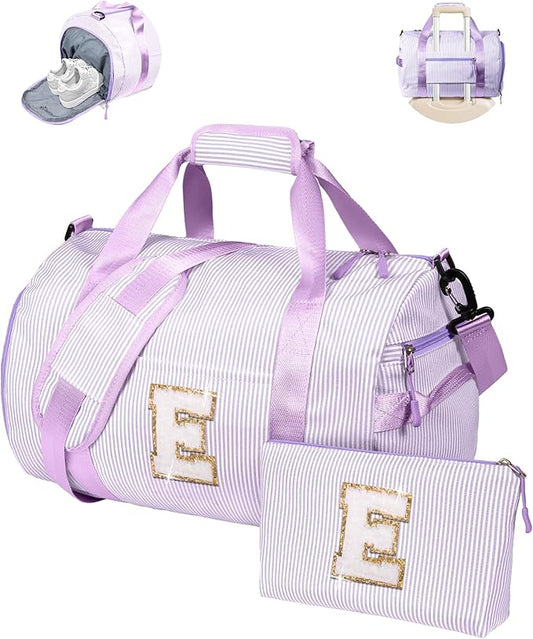 7 8 9 10 11 12 Year Old Girl Birthday Gifts, Girls Travel Duffle Bag, Kids Overnight Duffel Bags with Shoe Compartment, Personalized Dance Bag with Cosmetic Pouch, Preppy Stuff (Letter E)