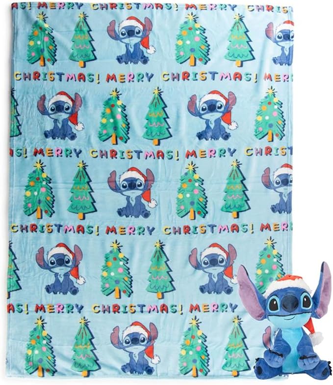 Jay Franco Kids Christmas Hugger Set – 12" Plush Pillow Buddy & 46" x 60" Fleece Throw Blanket, Ultra-Soft Bedding & Travel Set, Holiday Bedroom & Couch Décor, Blue - Stitch
