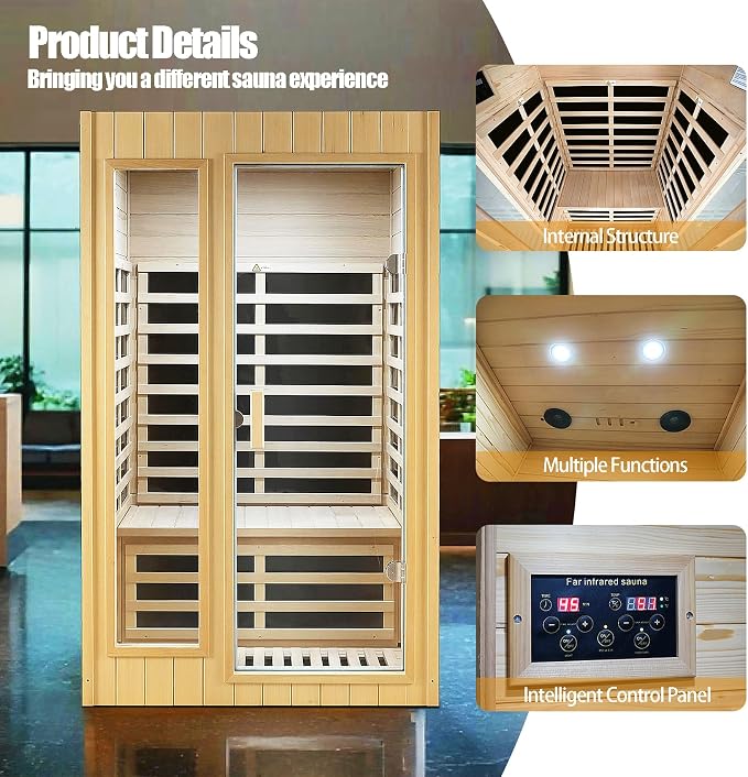 2 Person Sauna, Low EMF Far Infrared Sauna, 1500W Hemlock Wood Sauna Indoor Sauna Infrared Sauna for Home with Bluetooth Speakers, Reading Lamps, Tempered Glass