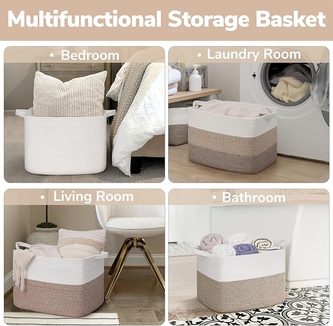 Goodpick 50L Large Woven Storage Basket, 18" x 14" x 12", White | Stylish Gift Basket for Home Decor, Cotton Rope Baskets for Blankets & Toys Storage, Living Room & Bedroom Organization