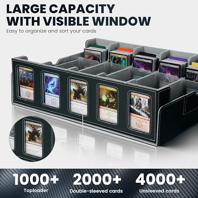 Trading Card Storage Box with Handle, 5-Row Portable Leather Deck Case for 4000+ Cards,Grey Card Collection Box with Commander Display Window for MTG, Yugioh, and Sports Cards Gifts for Card Collector