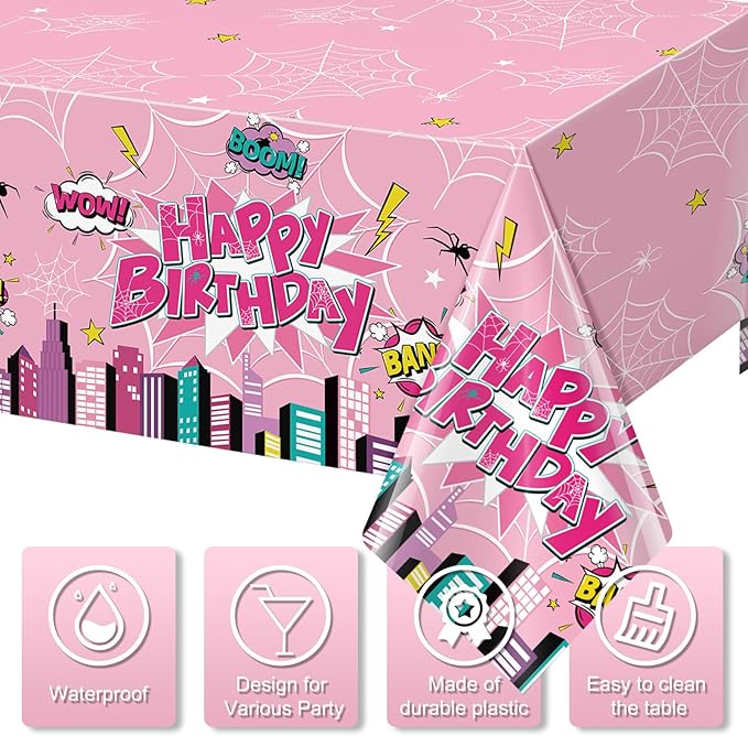 3Pcs Spider Birthday Party Tablecloths, Disposable Plastic Cartoon Spider Tablecloth Pink Hero Table Cover for Rectangle Table Girl’s Birthday Party Supplies, 54x108 inches