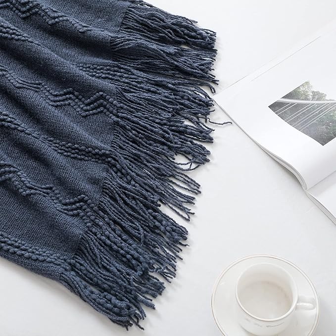 BOURINA Navy Throw Blanket 50x60 Inch Boho Knitted Soft Throw Sofa Blanket | Knitted Throw Blanket 50x60 Inches, Soft Lightweight Boho Weave Throw Decorative Couch Blanket for Living Room Bedroom Chair