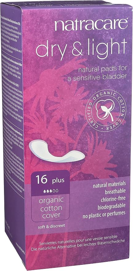 Natracare Dry & Light, Plus, Natural and Absorbent Pads with Organic Cotton Cover for Light Urinary Incontinence (1 Pack, 16 Pads Total)