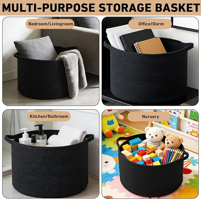 90L Extra Large Blanket Basket,Woven Rope Laundry Basket-Black | Collapsible, reinforced handles, nursery storage bin organizes clothes, toys and pillows for living room, bedroom bathroom